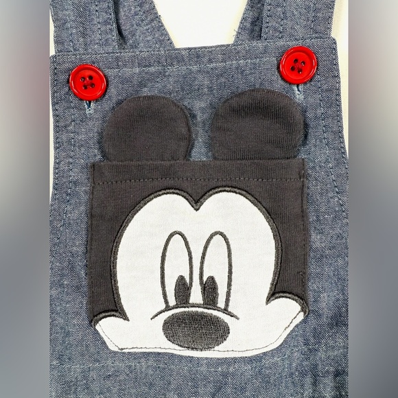 DISNEY‎ Baby Mickey Overalls 0/3M Chambray Cartoon Patch Playful Cute - Picture 2 of 10